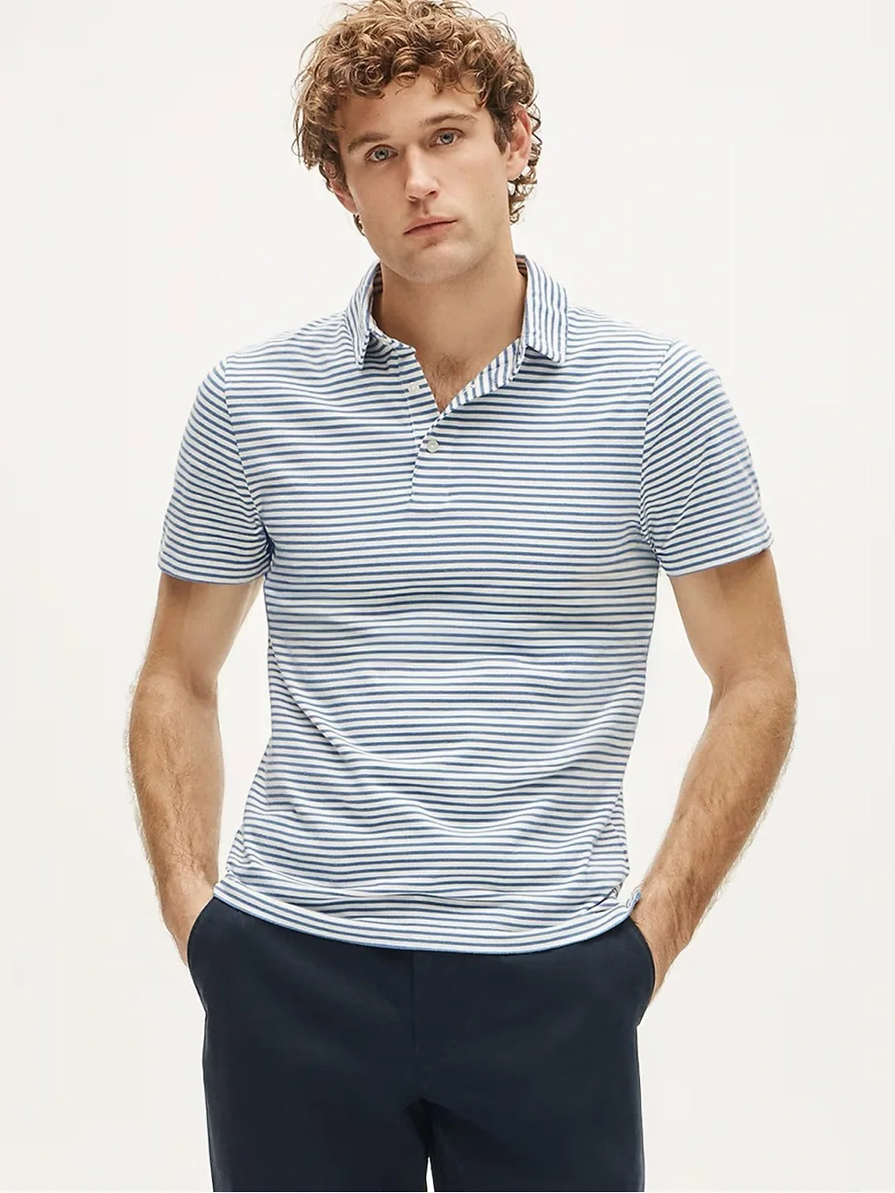 J. CREW Sueded cotton polo shirt in stripe in Ivory Blue Size L $59.50 BW382